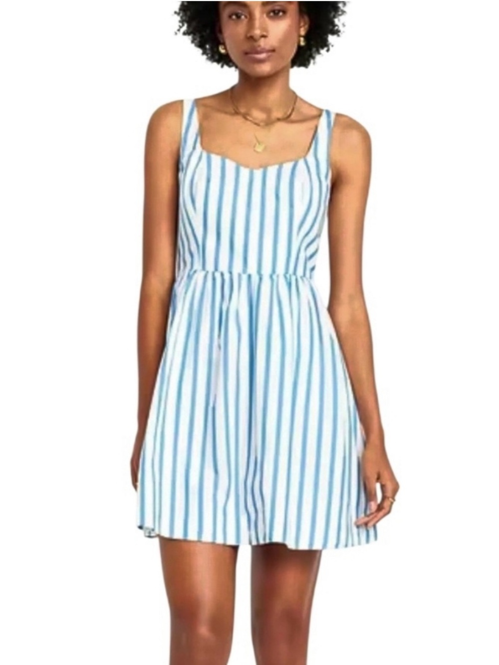 Blue Sleeveless
Sweetheart Neckline Striped Mini
Dress Blue & White SM